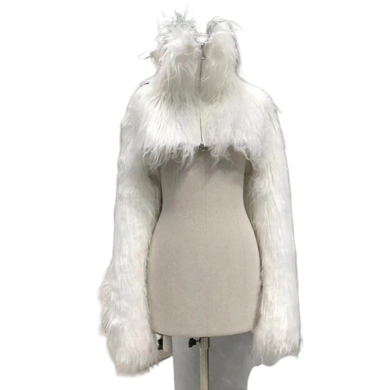 Women's Short Long-fiber Faux Fur Bolero with Extra Long Sleeves and High Standing Collar Chichicherry