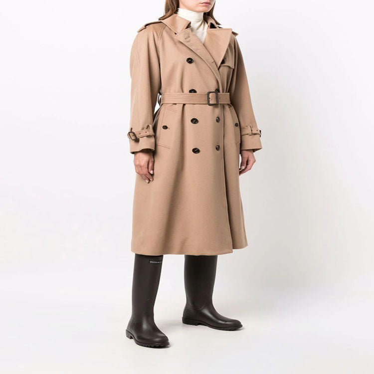 Women's Midi Length Wool Blend Trench Coat in Tailoring with Double Breasted, Waist Belt and Epaulettes Chichicherry
