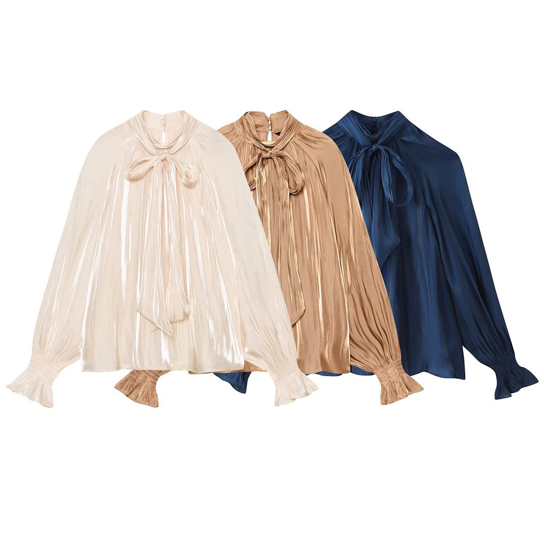 Women silk-like slip blouse with bow collar, pleated effect and ruched balloon sleeves Chichicherry