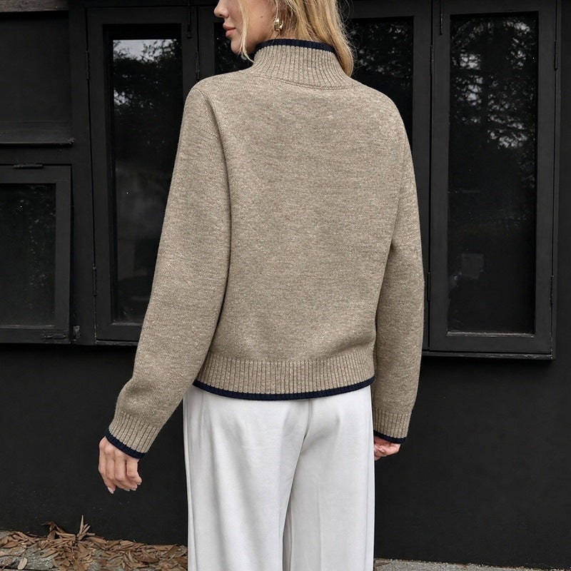 Women's Cashmere-Look Stand-Up Collar Sweater with Contrasted Cuffs Chichicherry