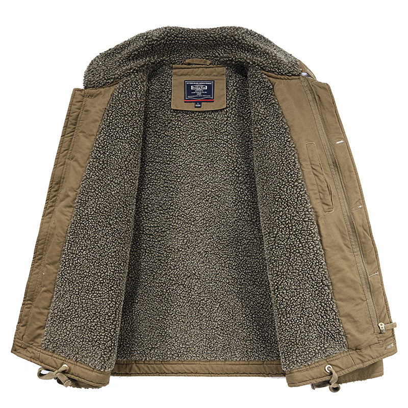 Men's canvas work jacket with sherpa lining, stand-up collar, and diagonal pockets Chichicherry