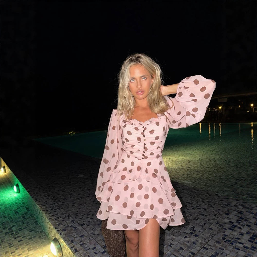 Women's Padded Chiffon Mini Dress with Ruffles, Puff Sleeves and Button Placket Chichicherry