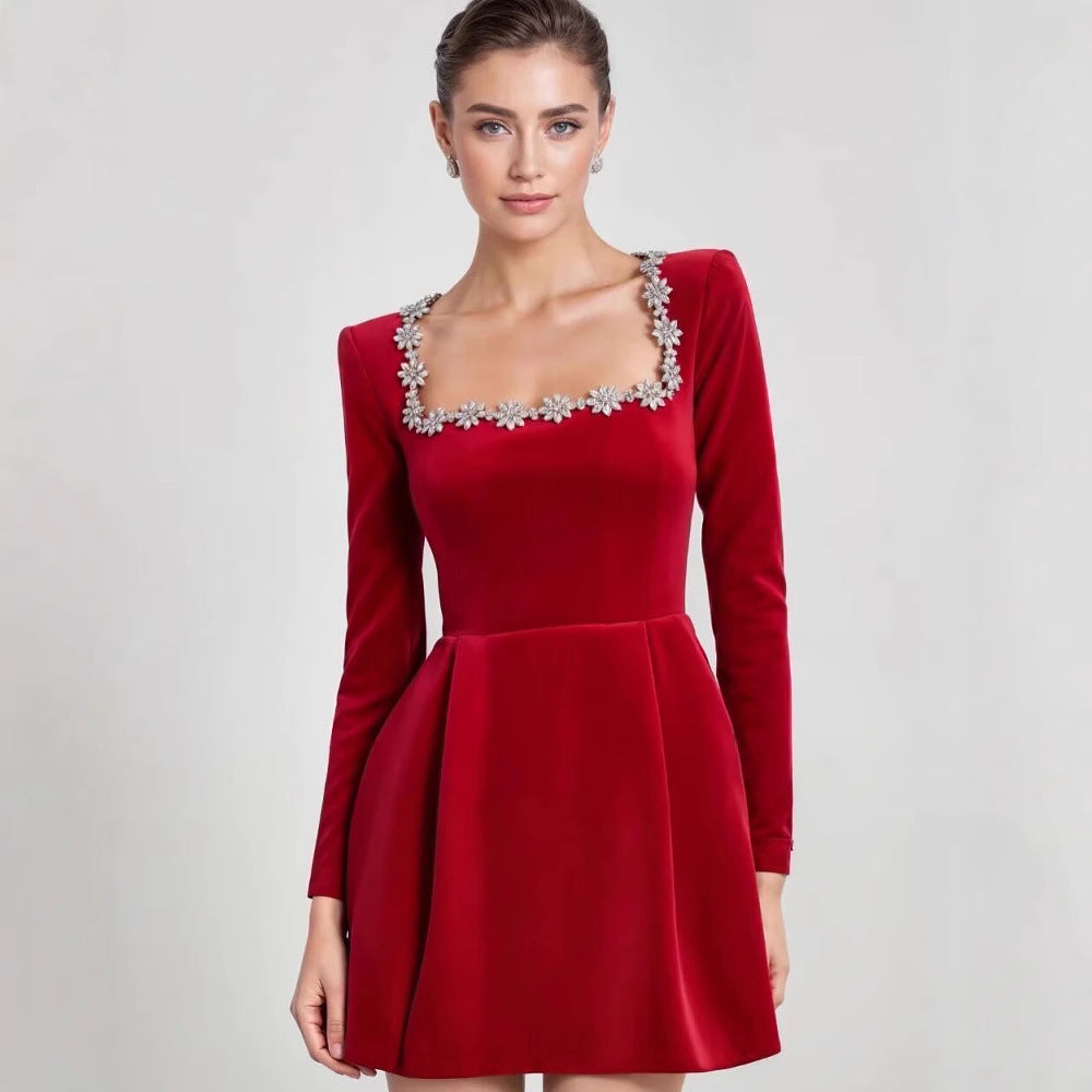 Women’s velvet dress with tailored corset, square neckline, and floral trim Chichicherry