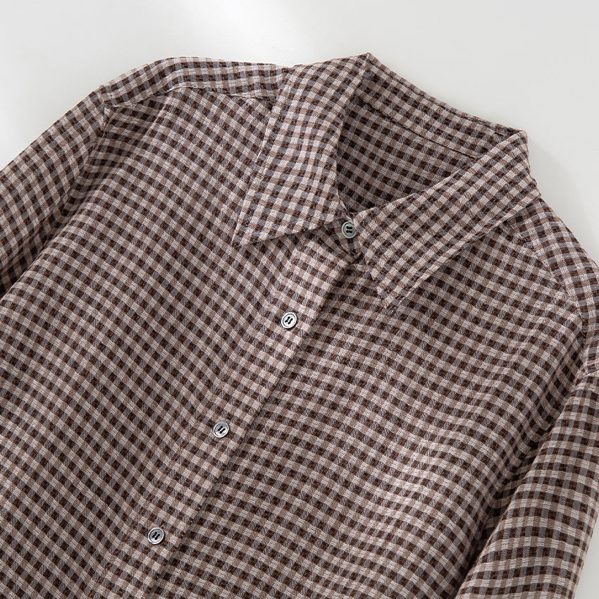 Women Checked Oversize Shirt Blouse with Kent Collar and Rounded Hem Chichicherry