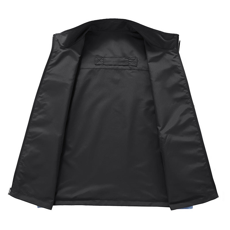 Men's Sleeveless Softshell Utility Vest with High Stand Collar, Two-Way Zipper and Concealed Pockets