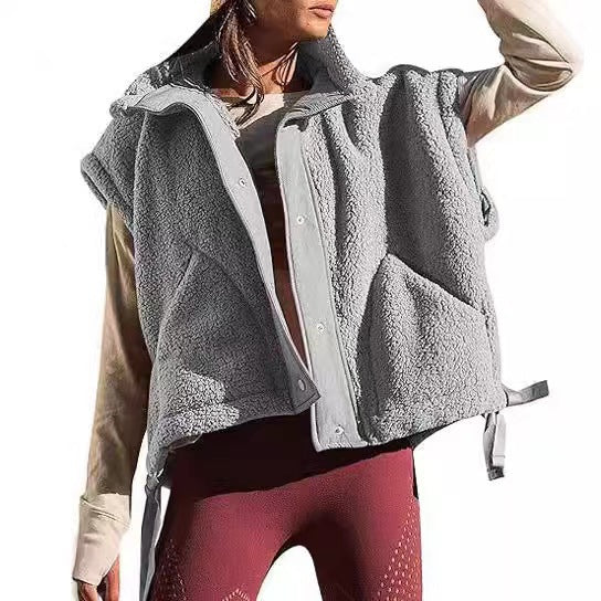 Women's Oversized Teddy Fleece Vest with Hood and Snap Buttons Chichicherry