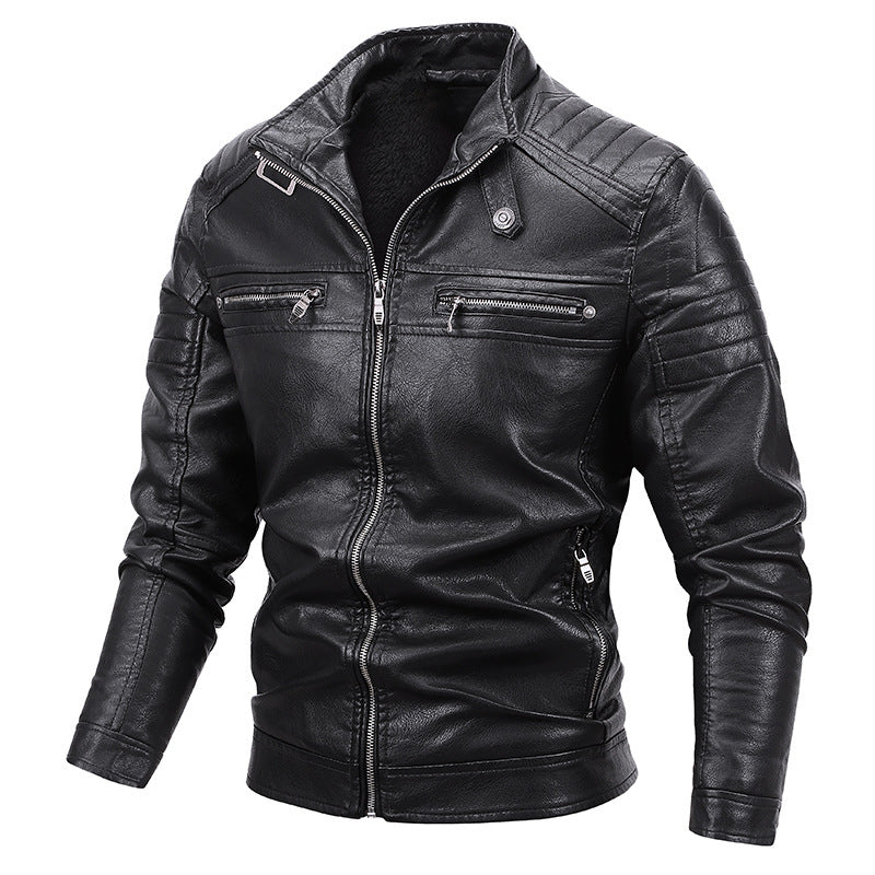 Men's Slim-Fit Faux Leather Biker Jacket with Quilted Shoulder Yoke and Zipper Chichicherry