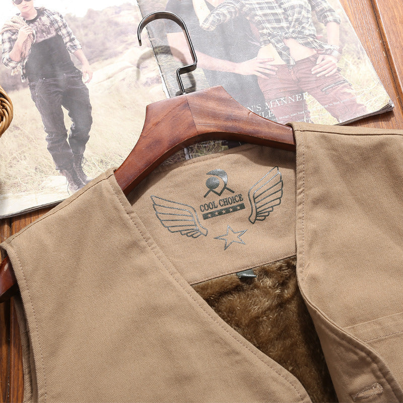 Men's padded canvas teddy vest with Sherpa lining and multiple pockets Chichicherry