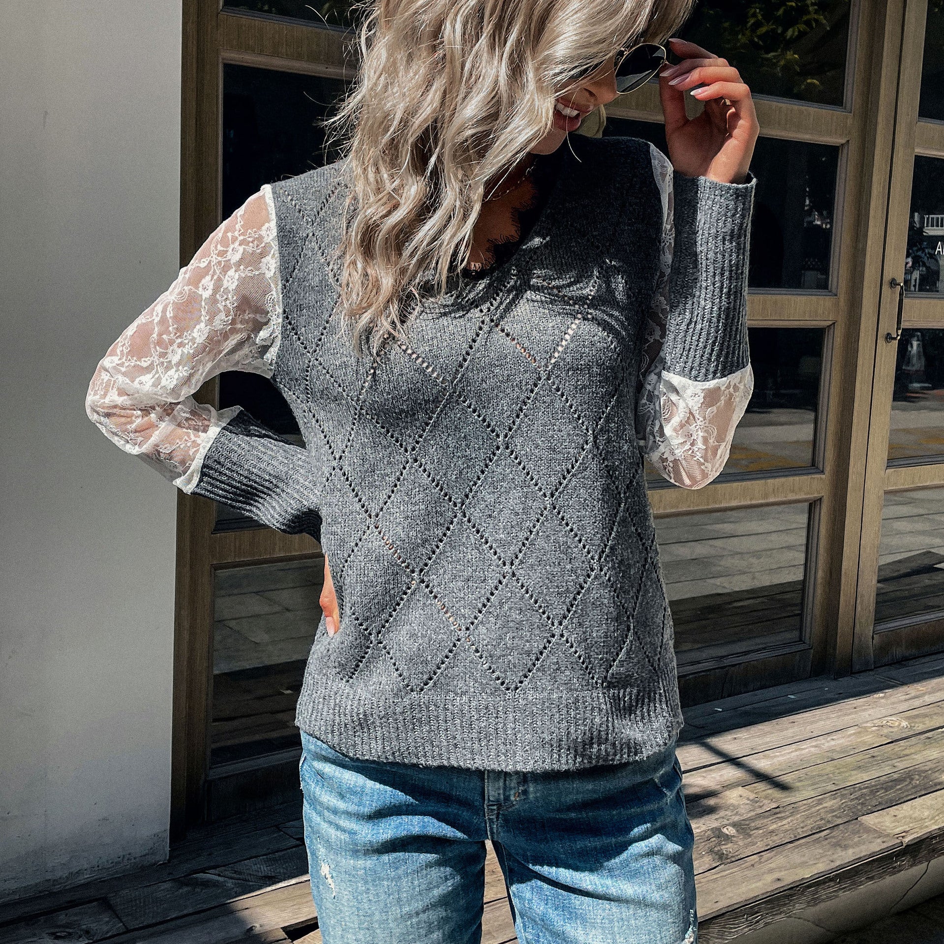 Women's Casual Fine Knit Sweater with Openwork Diamond Pattern, Transparent Lace Sleeves and Ribbed Cuffs Chichicherry
