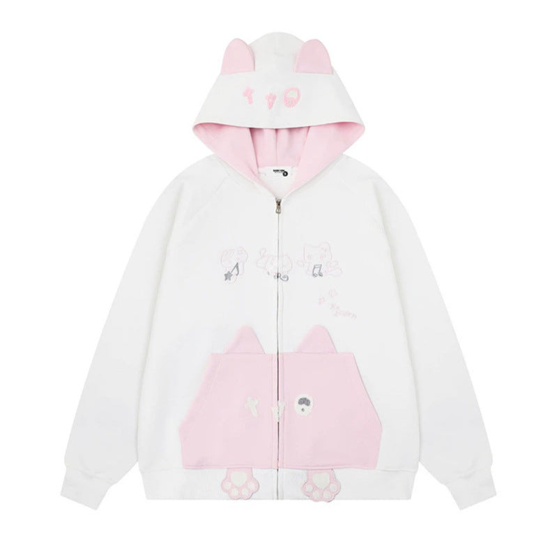 Women's hooded sweatshirt jacket with ears, full-length zipper, kangaroo pocket with paw appliqué and playful embroidery Chichicherry