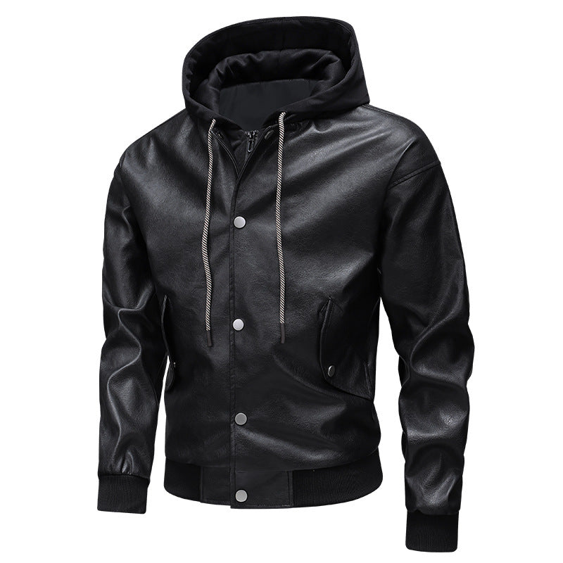 Men's leather bomber jacket with integrated hood insert and ribbed cuffs Chichicherry