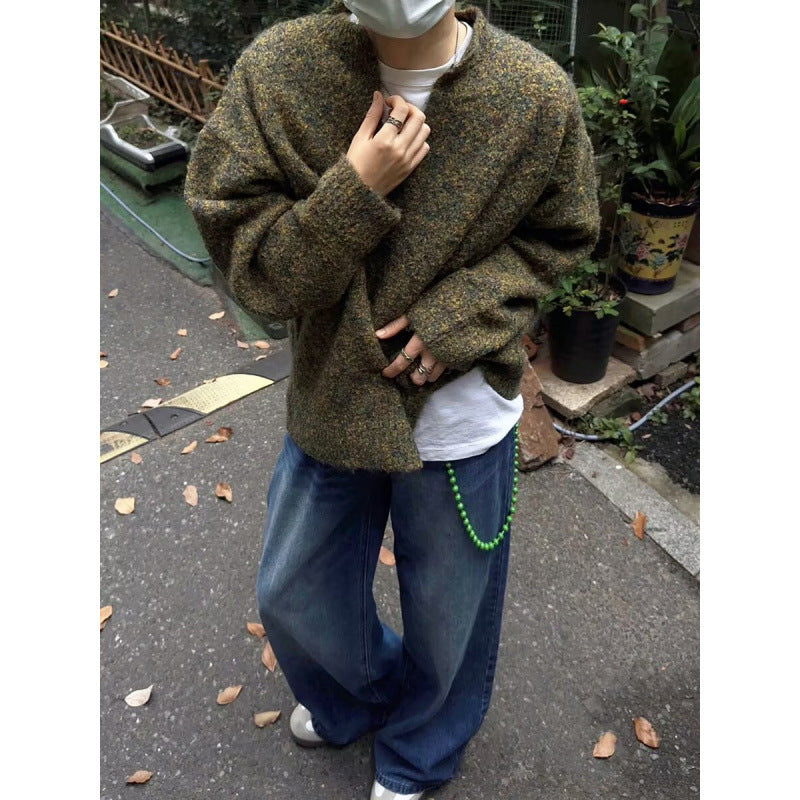 Herren Melangé Grobstrick-Pullover mit V-Schlitz und lockerem Oversize-Schnitt Chichicherry