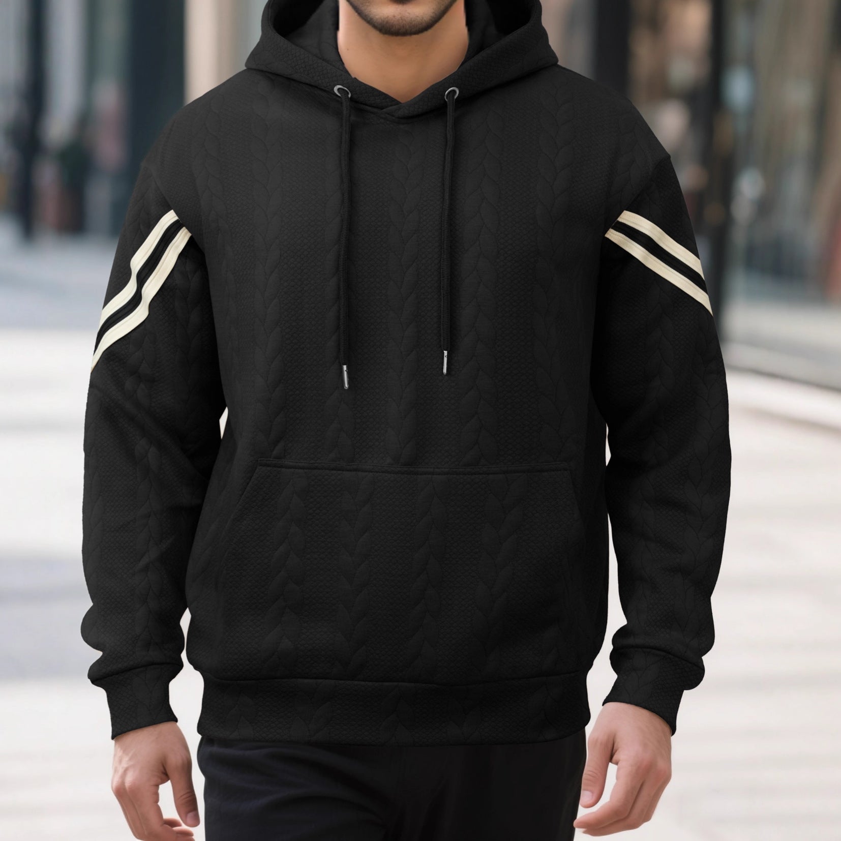 Men's Cable Knit Hoodie with Kangaroo Pocket and Contrast Stripes Chichicherry