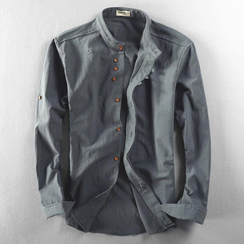 Men's Lightweight Cotton-Linen Overshirt with Stand Collar and Button Placket Detail Chichicherry