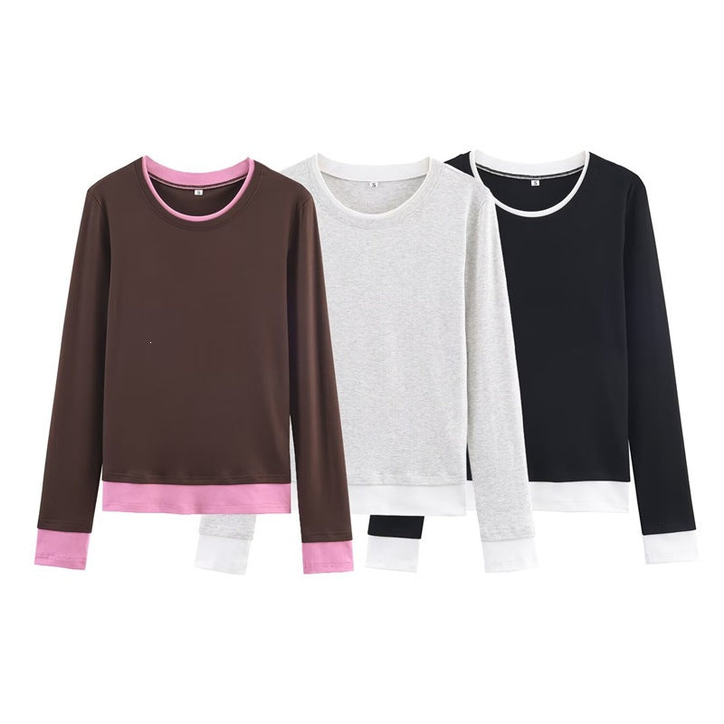 Women's long-sleeve shirt in layered look with contrast cuffs and round neckline Chichicherry