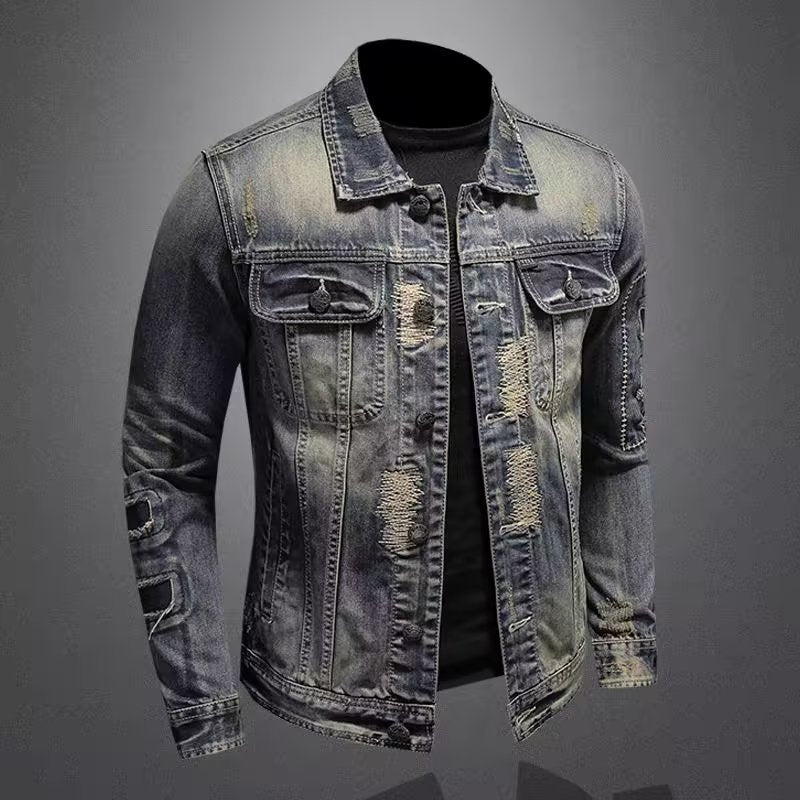 Herren Vintage-Jeansjacke mit Used-Effekten, Destroyed-Details und aufgesetzten Brusttaschen Chichicherry