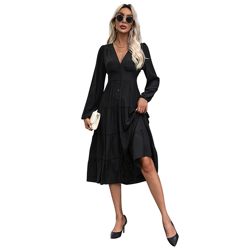 Ladies Long V-Neck Tiered Dress with Continuous Button Placket and Fitted Seam Chichicherry