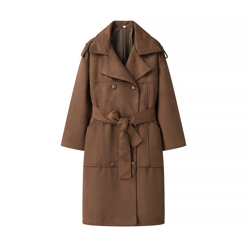 Women Mid-length Oversize Trench Coat made of Suede Look with double-breasted button placket, shoulder epaulets and tie belt Chichicherry