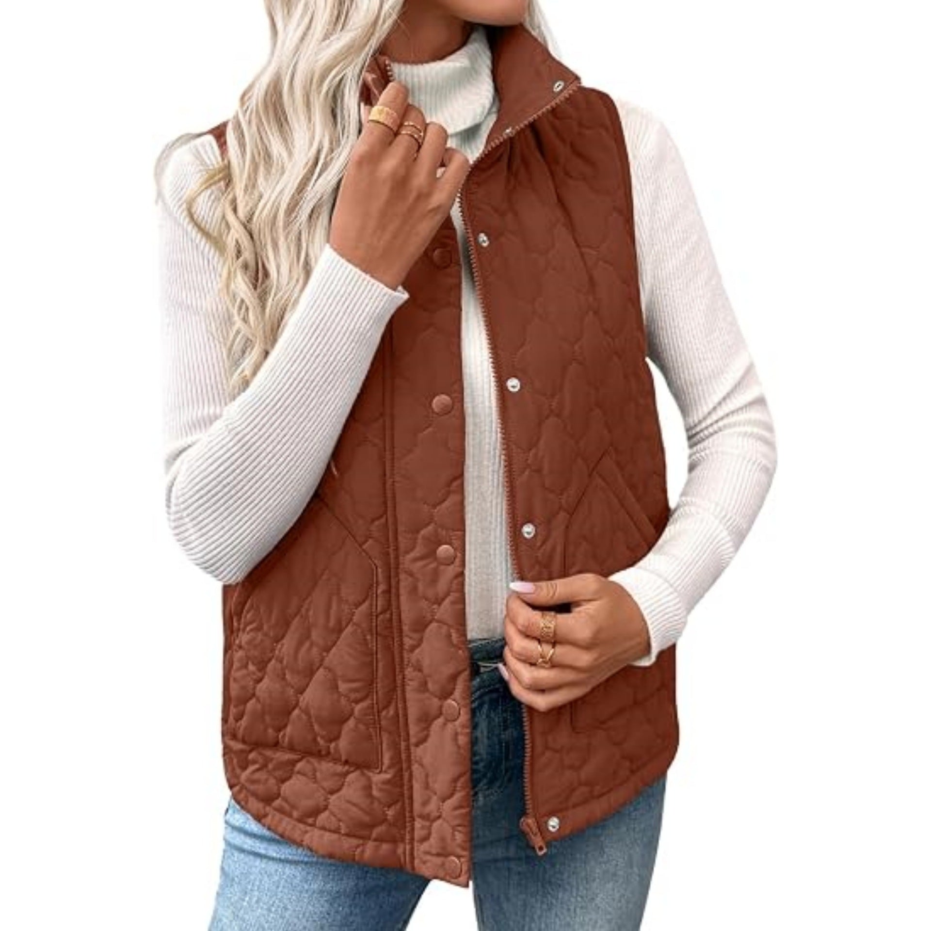 Women’s quilted vest with high standing collar, double closure and curved hem Chichicherry