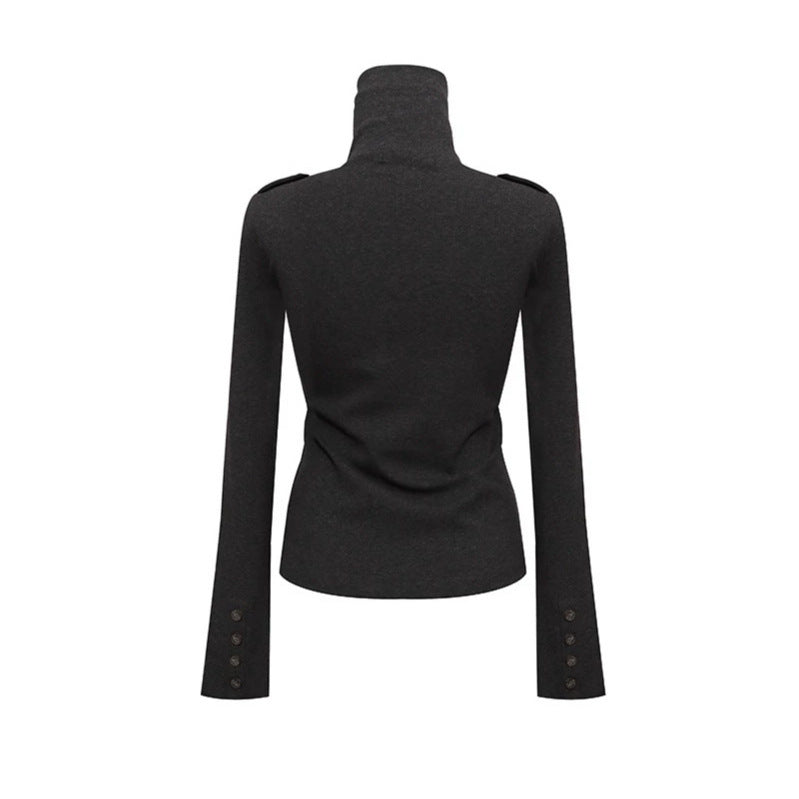 Women's turtleneck top with high turned-over collar, breast flaps and shoulder straps Chichicherry