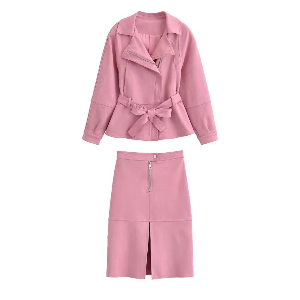 Women's short jacket with belted waist, asymmetrical lapel, and peplum hem Chichicherry