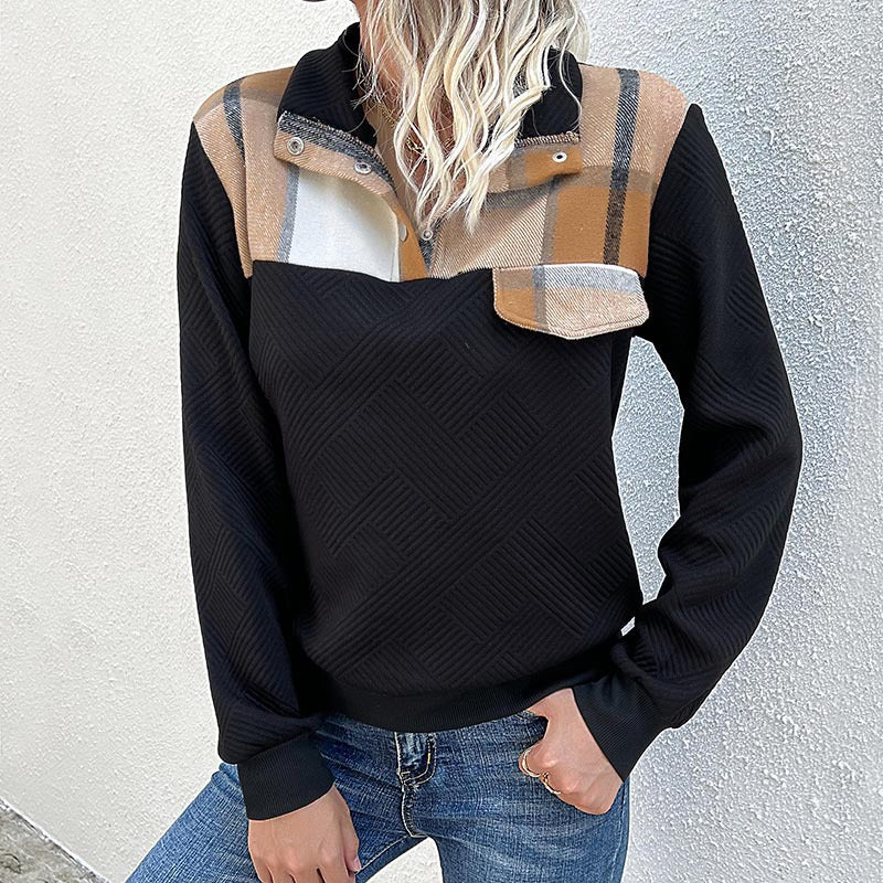 Women Quilted Sweatshirt with Check Pattern Trim, Stand-Up Collar and Snap Button Placket Chichicherry