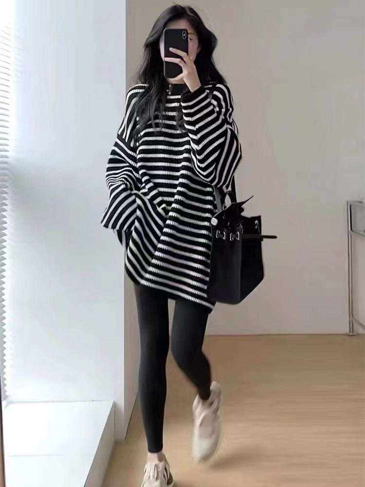 Women's Oversize Knit Long Sweater with Horizontal Stripe Structure Chichicherry