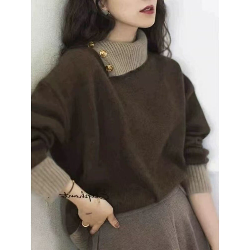 Women's Short-Cut Sweater with Asymmetrical Button Mock Neck and Balloon Sleeves Chichicherry