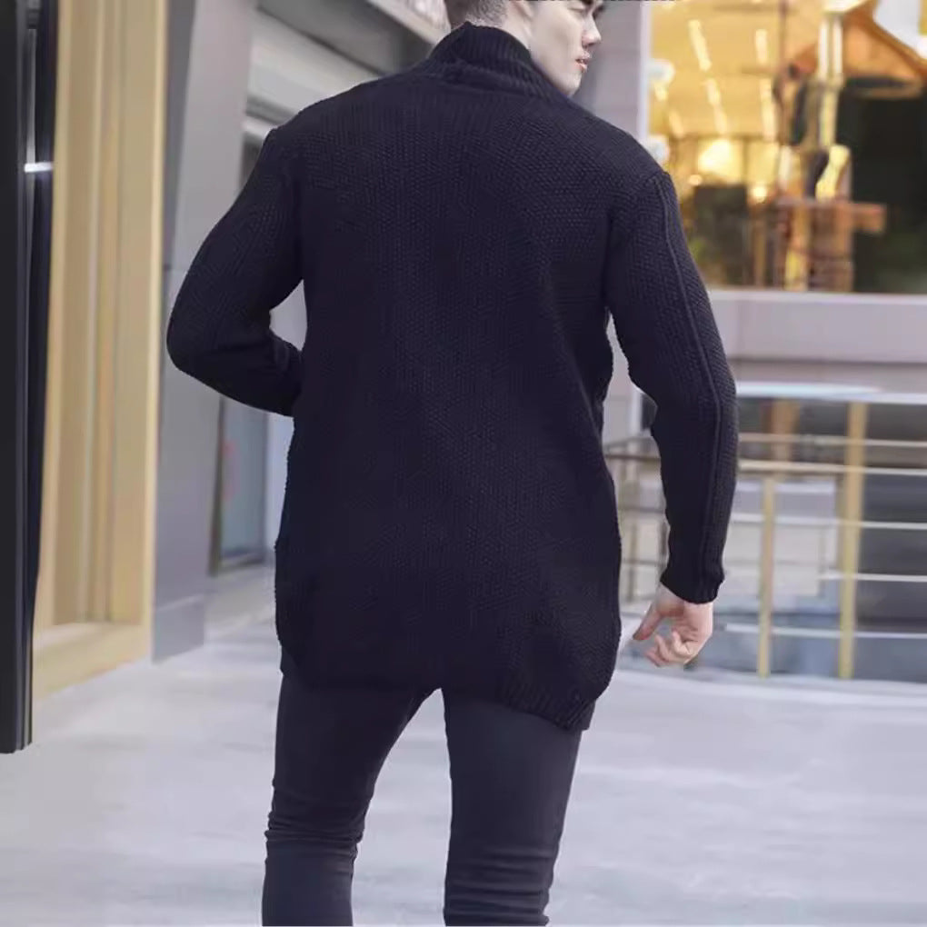 Men's Longline Knitted Cardigan with Shawl Collar, Cable and Pearl Patterns Chichicherry