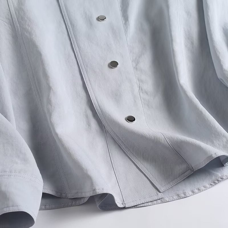 Women Light Oversized Blouse Jacket with Stand Collar and Concealed Snap Button Placket Chichicherry