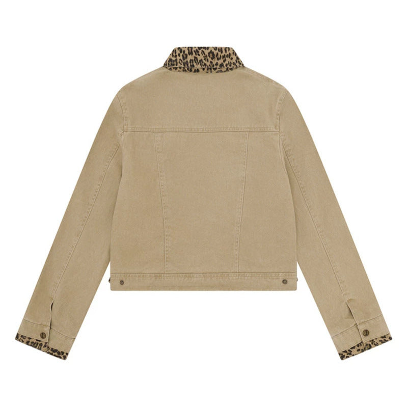 Women’s Short Cut Denim Trucker Jacket with Leopard Contrast Collar and Cuffed Sleeves Chichicherry