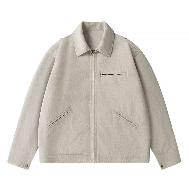Unisex Boxy Short Jacket in Worker Blouson Style with Shirt Collar and Concealed Zip Chichicherry