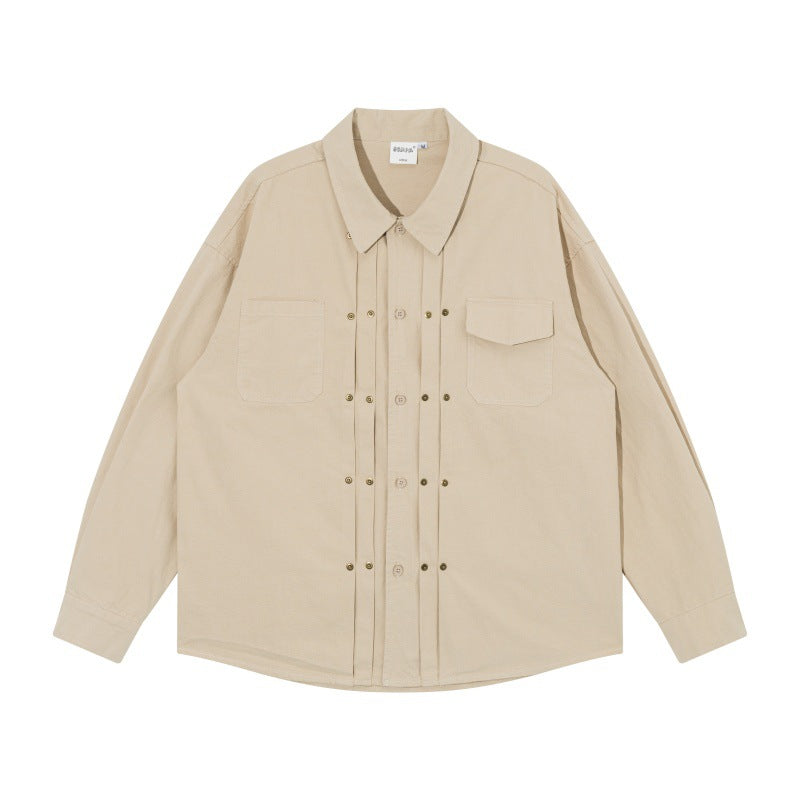 Men's Oversized Shirt Jacket in Workwear Style with Decorative Stitching and Metal Rivets Chichicherry