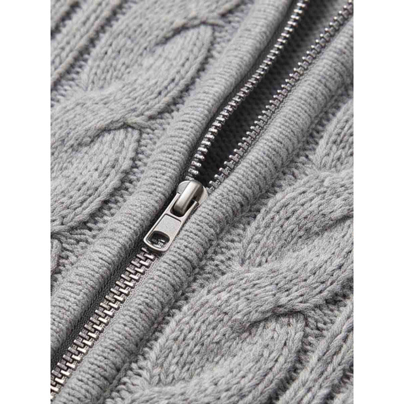 Women Hooded Braid Knit Cardigan with Zipper and Raglan Sleeves Chichicherry