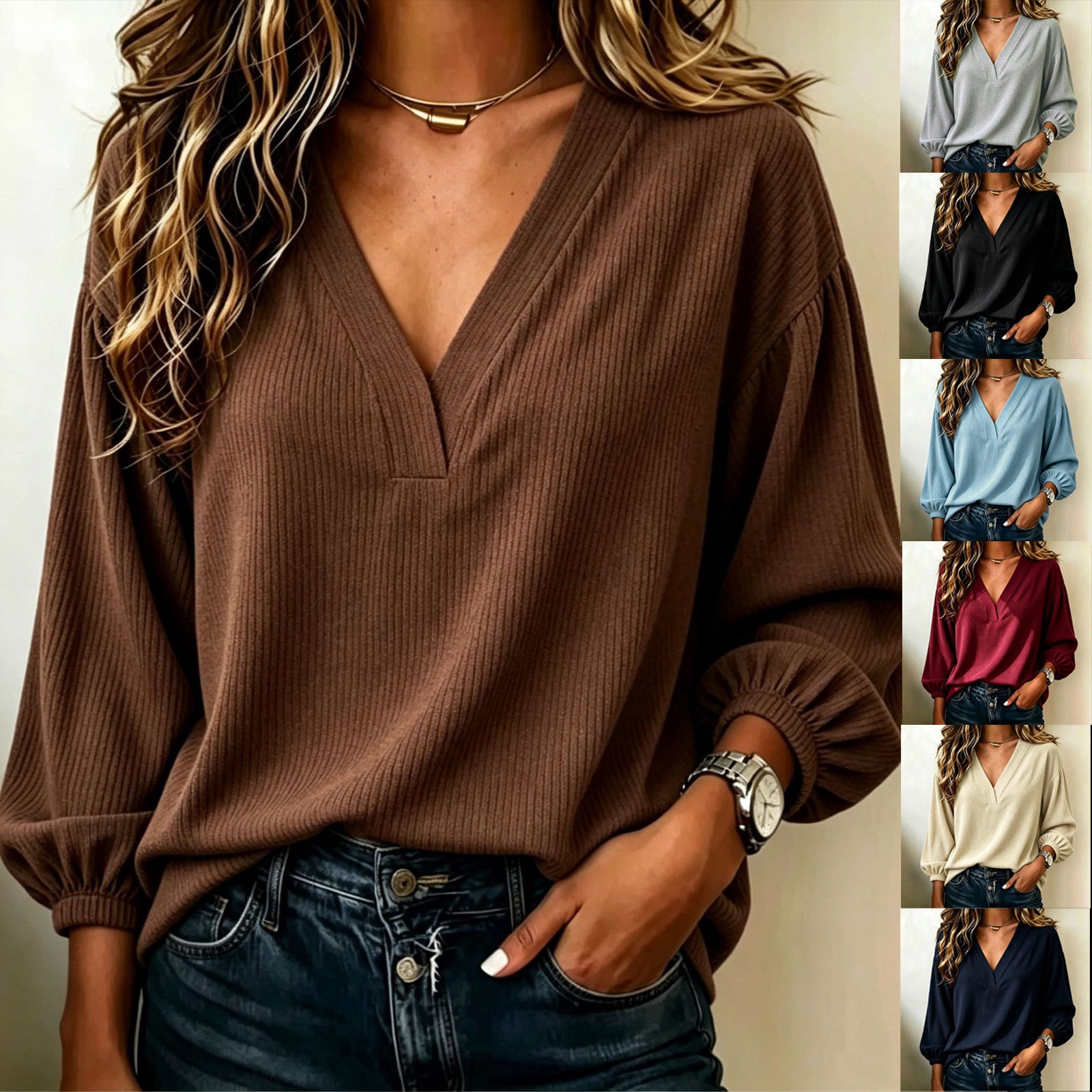 Women's Ribbed V-Neck Sweater with Balloon Sleeves Chichicherry