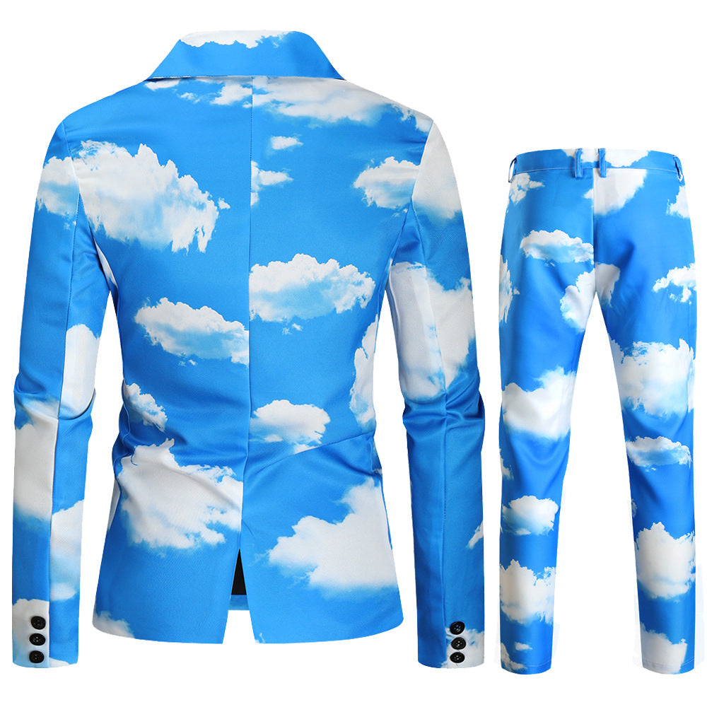 Men's Two-Piece Statement Suit with All-Over Cloud Print and Slim Silhouette Chichicherry