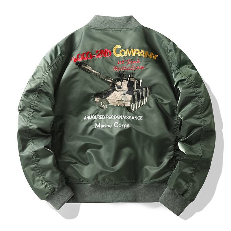 Men's pilot bomber jacket in flight style with embroidered tank motif and sleeve pocket Chichicherry