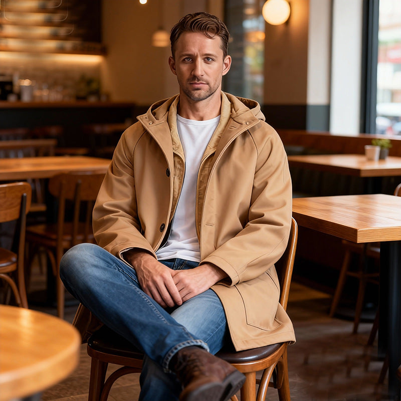 Men Tailored Wool Blend Coat with Hood and Concealed Button Placket Chichicherry