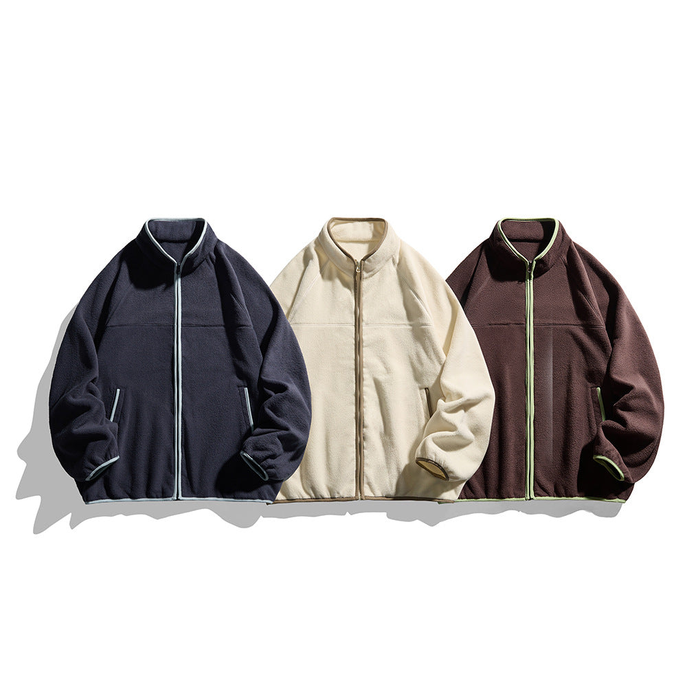 Unisex Oversize Fleece Jacket with Stand-Up Collar, Full-Length Zipper, and Contrast Piping Chichicherry