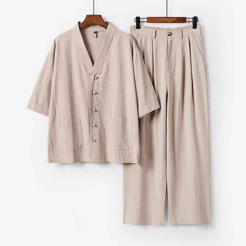 Unisex Zen-inspired Relax Set with short sleeve kimono top, concealed button placket, and elastic waistband pants Chichicherry
