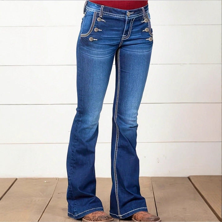 Women's High-Waisted Flared Jeans with Decorative Metal Buttons and Contrast Stitching Chichicherry