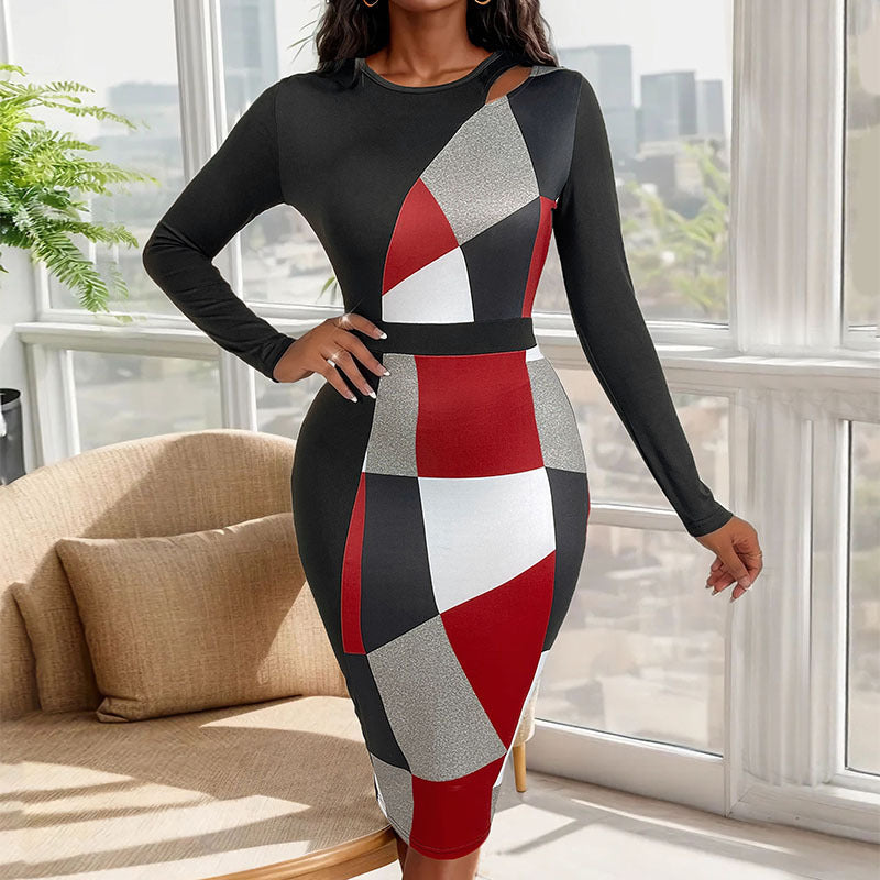 Women's Figure-Hugging Midi Dress with Graphic Color Block Pattern, Cut-Out Shoulder and Tailored Silhouette Chichicherry