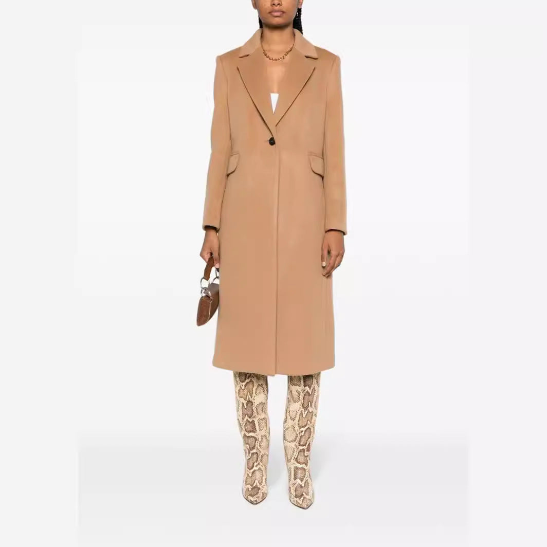 Women's Single-Breasted Wool Blend Long Coat with One-Button Closure and Flap Pockets Chichicherry