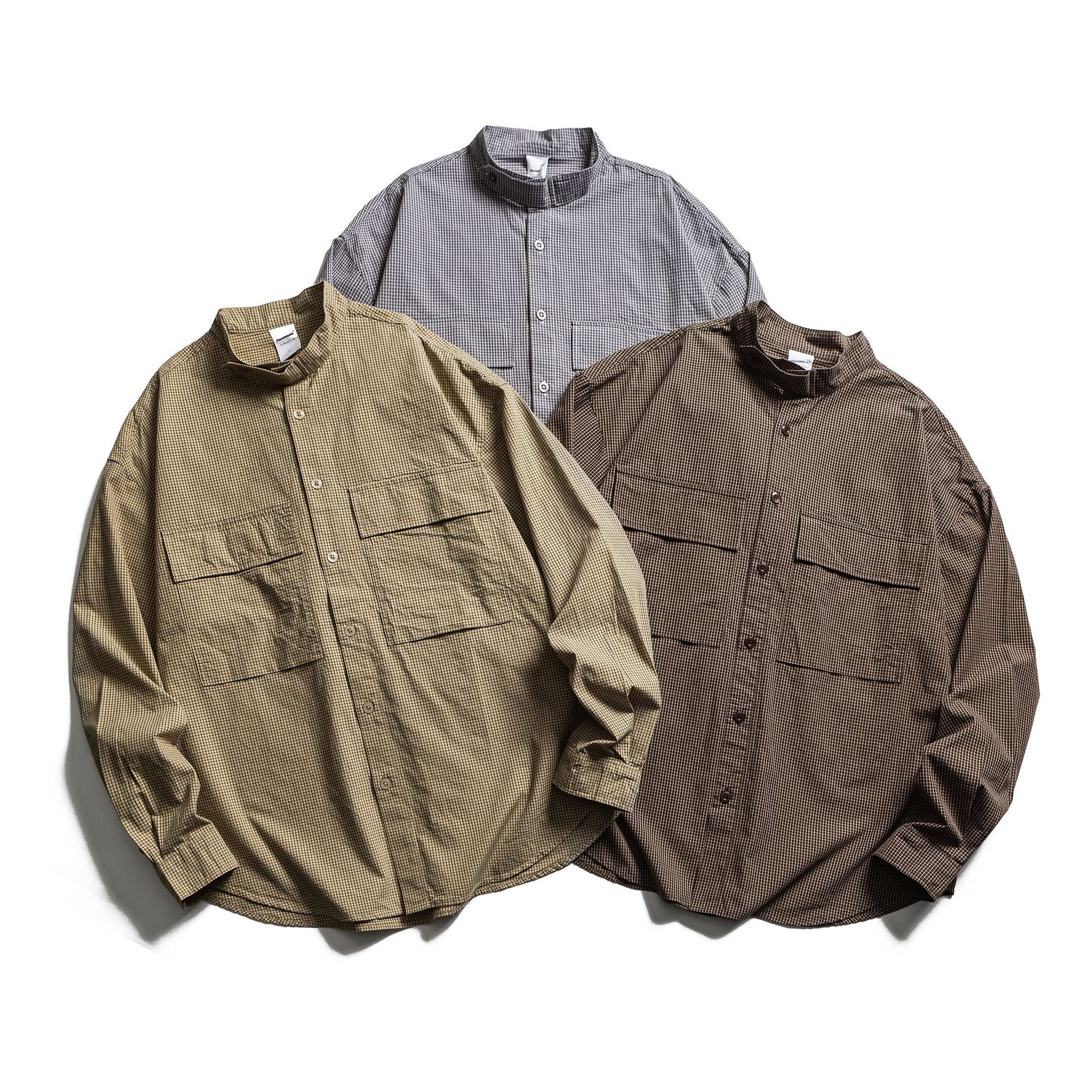 Men's Checkered Shirt Jacket with Stand-Up Collar and Patch Chest Pockets Chichicherry