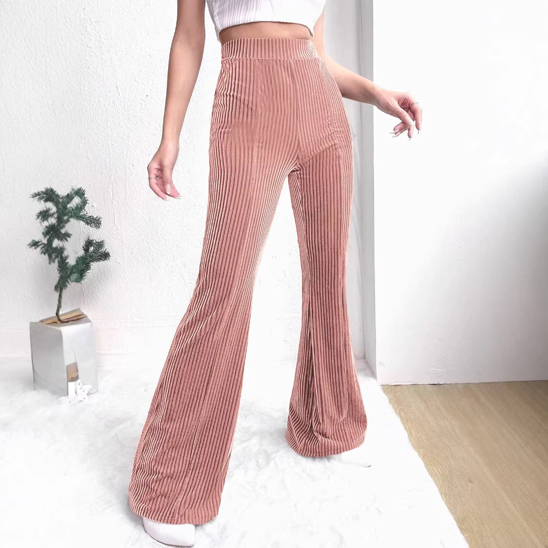Women's High-Waisted Velvet Corduroy Pants with Pleated Look and Wide Leg Chichicherry