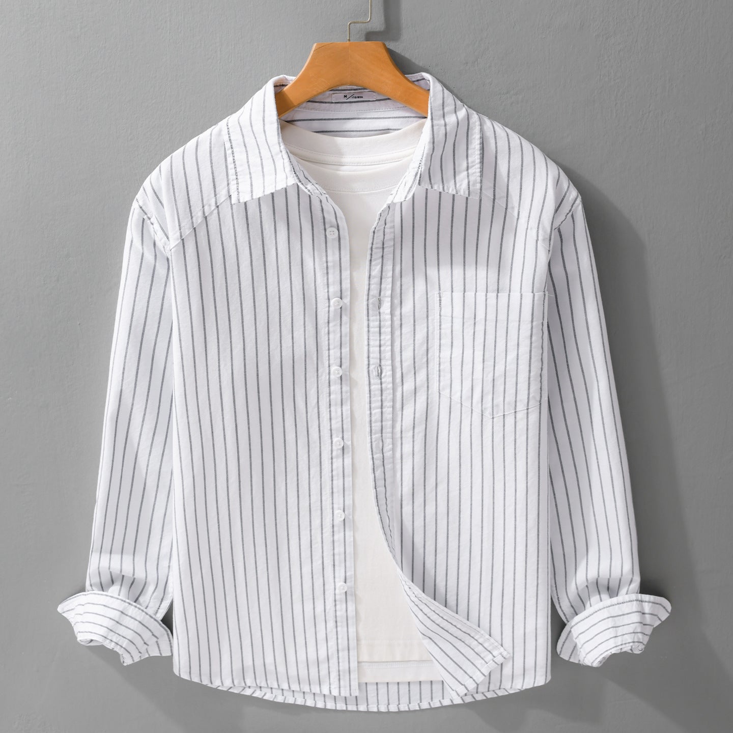 Men's pinstripe layering shirt jacket made of lightweight cotton blend with chest pocket Chichicherry