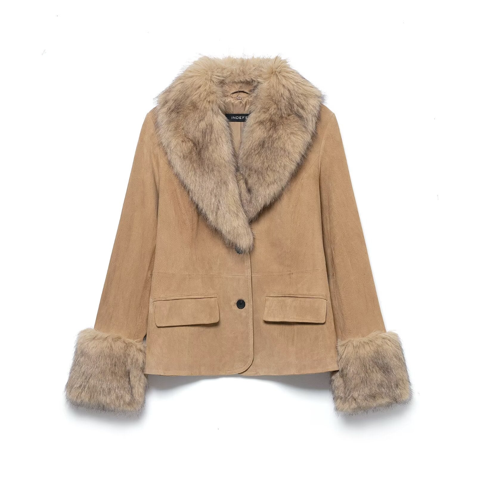 Women's short suede jacket with voluminous fur collar and wide fur cuffs Chichicherry