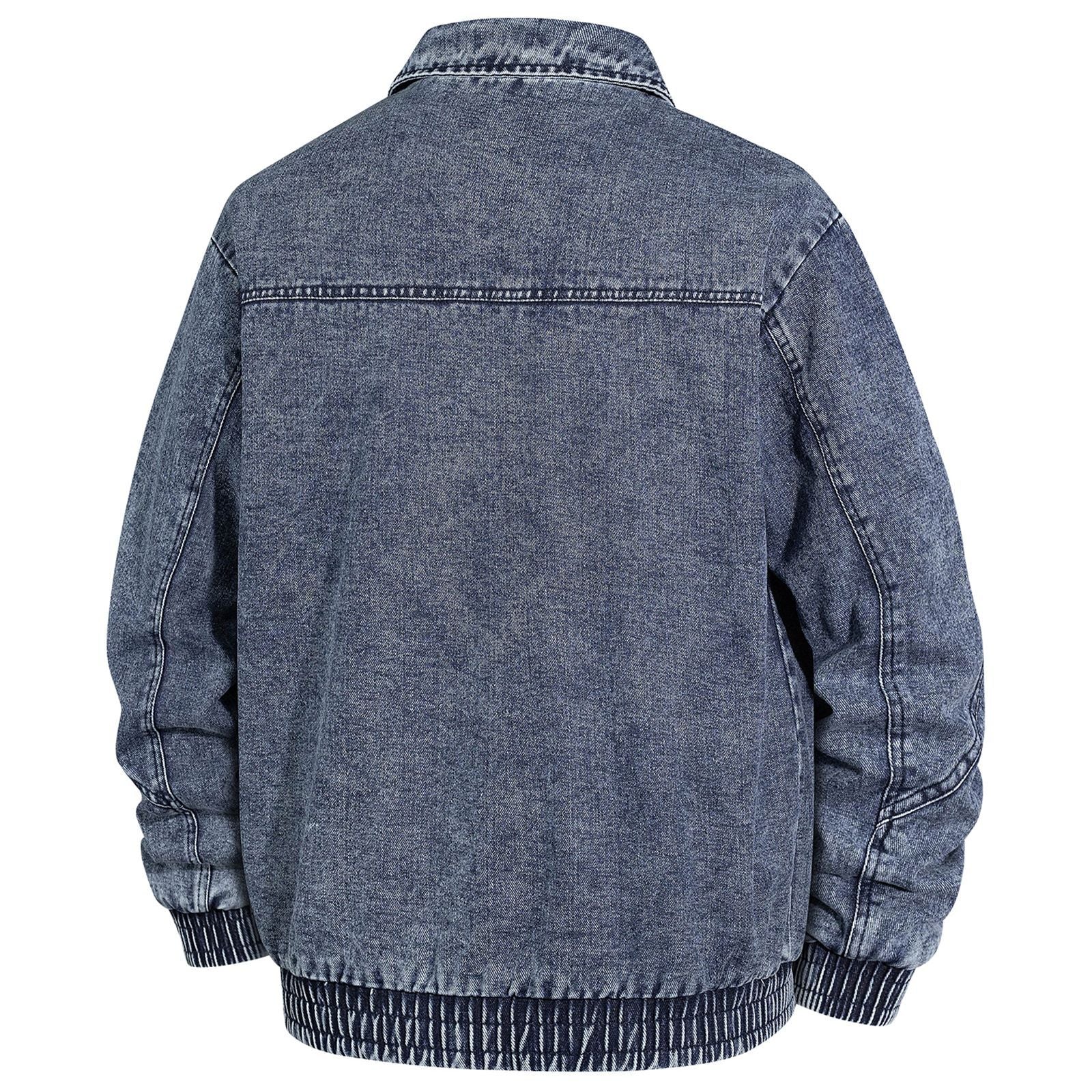 Men's Oversized Jeans Bomber Jacket with Stone Wash, Zipper and Ribbed Hem Chichicherry