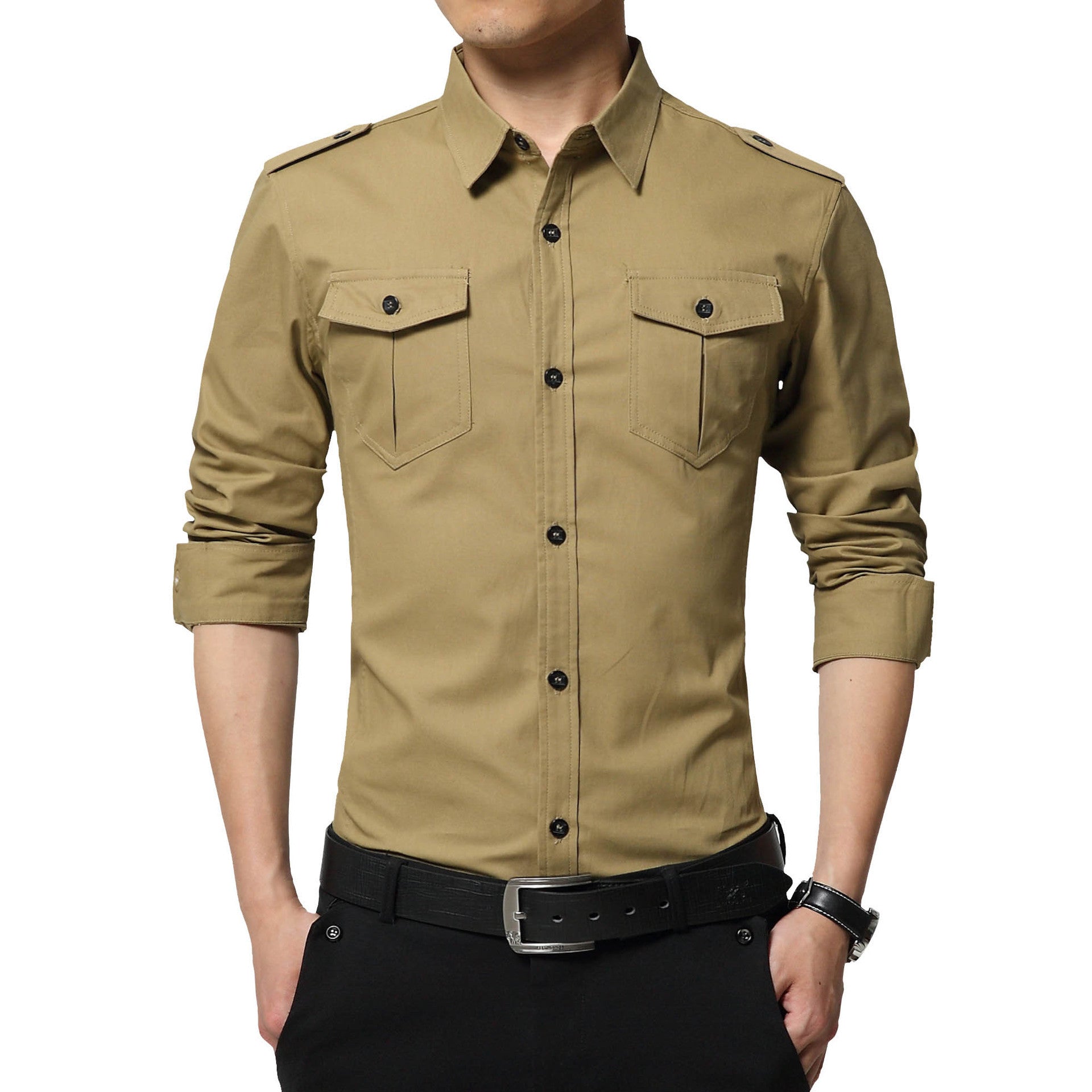 Men's Slim-Fit Cotton-Blend Utility Shirt with Shoulder Flaps and Chest Patch Pockets Chichicherry
