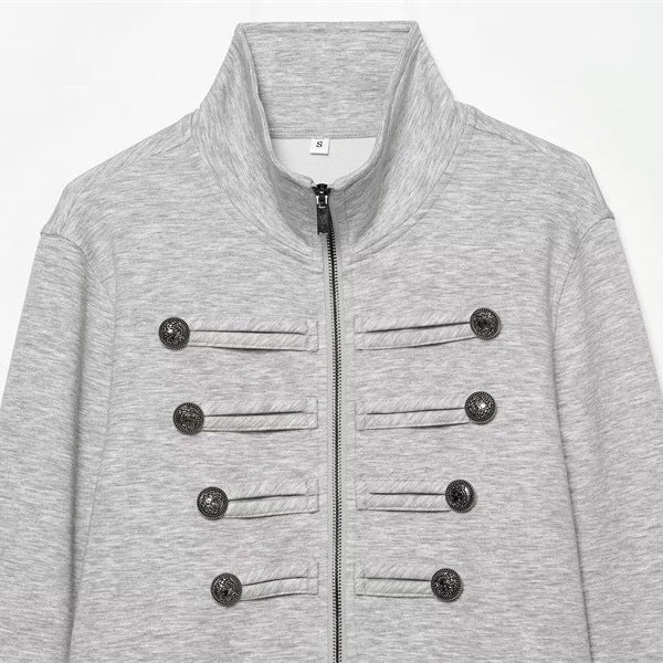 Women's Cropped Sweat Jacket in Military Look with Stand-up Collar and Decorative Button Placket Chichicherry